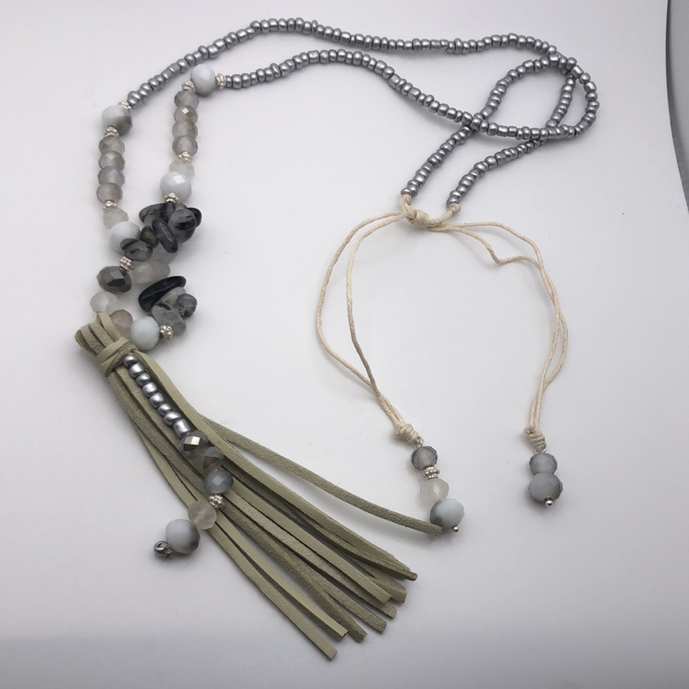 Pebble Beach Necklace Matte stone rondelle, silver beads, faux suede leather